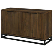Sideboard Accent Cabinet, 4 Doors, Dark Pine Brown Wood Finish, Black Metal Base
