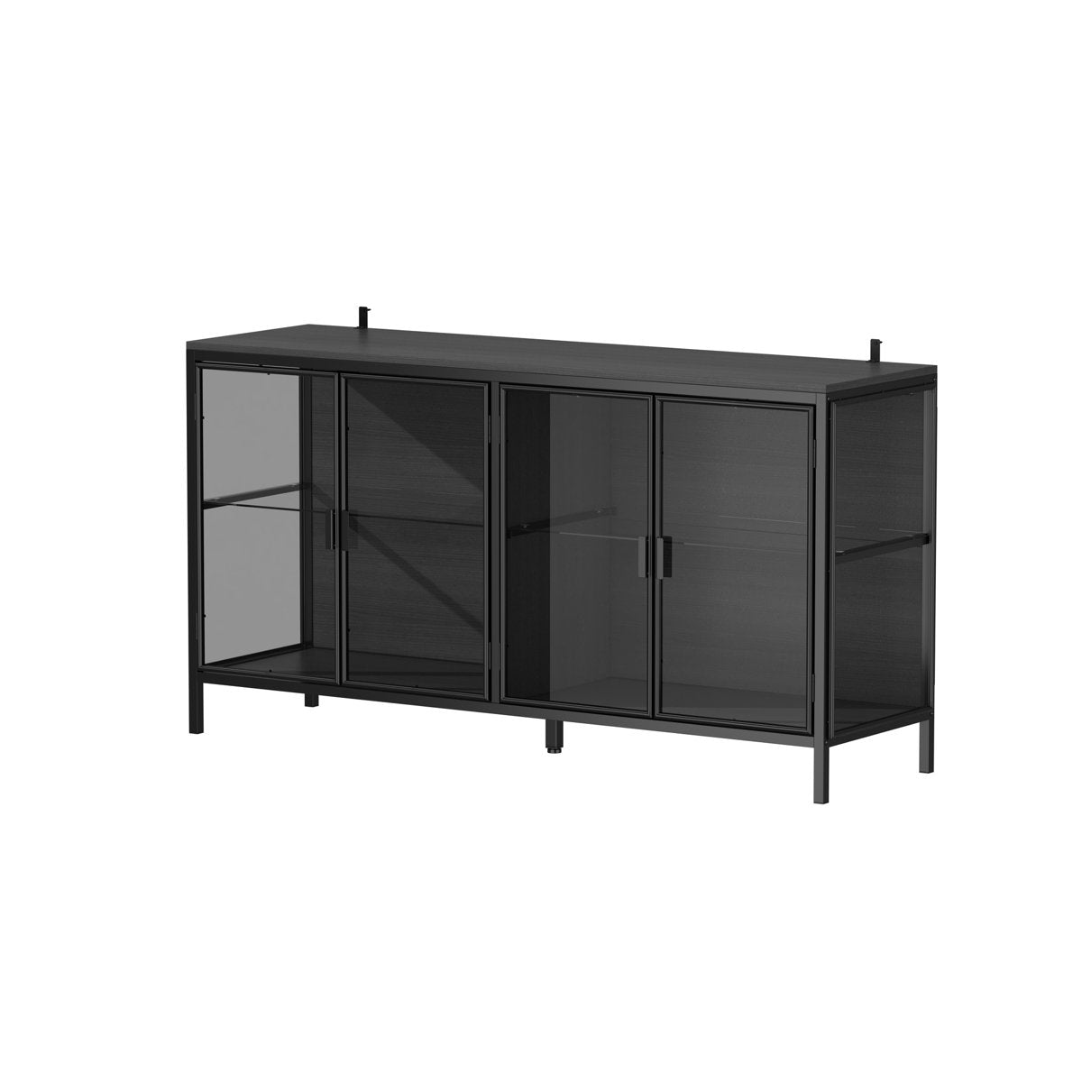 Sideboard with Glass Doors and LED Lights, Black Metal and Wood