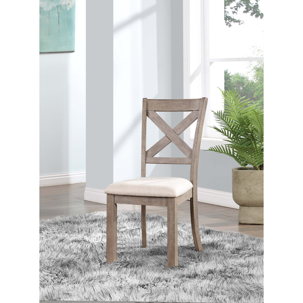 Side Chair, Brown Fabric Upholstery, Solid Wood Frame and Legs, X-Back