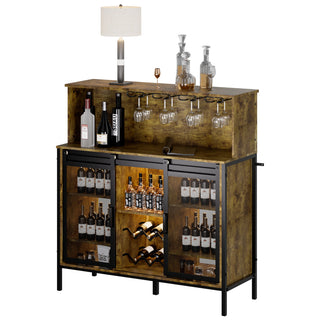 Bar Cabinet, Solid and Manufactured Wood, Sliding Doors, Rustic Brown