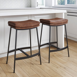 Counter Stools, Set of 2, Brown Polyester Seat, Black Steel Frame