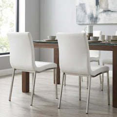 Side Chairs, Set of 2, White Faux Leather, Silver Metal Legs