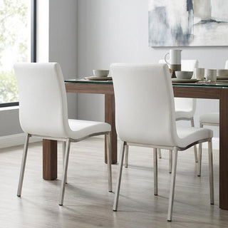 Side Chairs, Set of 2, White Faux Leather, Silver Metal Legs