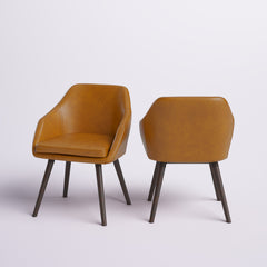 Arm Chairs, Set of 2, Brown Faux Leather, Solid Beech Wood Legs