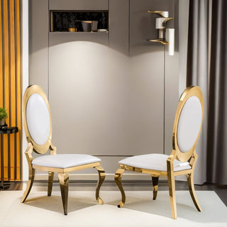 Side Chairs, Set of 2, White Faux Leather, Gold Stainless Steel Frame