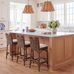 Bar Stool, Wicker Rattan, Cushioned Polyester Blend Seat, Full Back