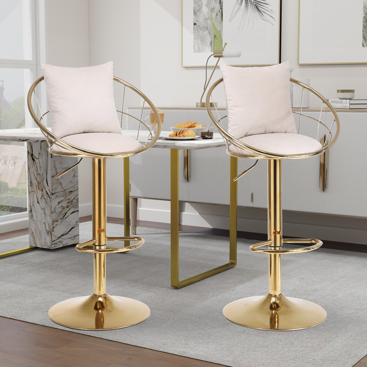 Swivel Bar Stool, Adjustable Height, Off White Velvet Seat, Gold Metal Base