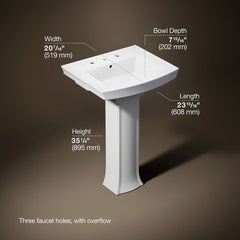 Pedestal Bathroom Sink, Archer, Rectangular, Vitreous China, 8-Inch Centers, White