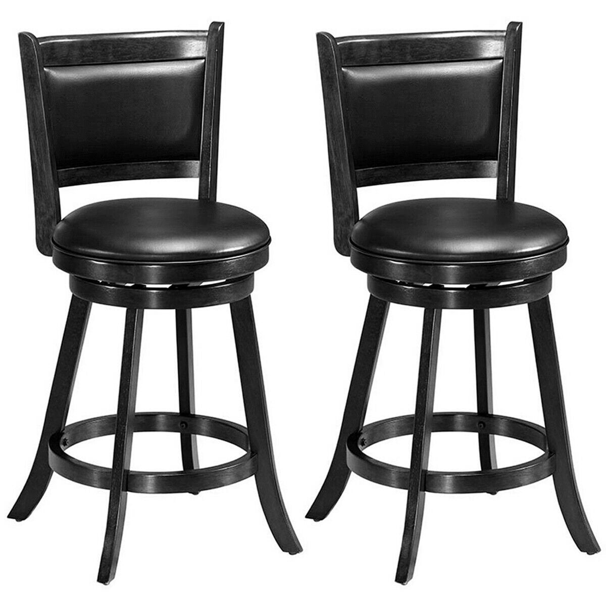 Bar Stools, Set of 2, Black Faux Leather Swivel Seat, Black Wood Frame