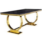 Dining Table, Seats 6, Black Gloss Wood Top, Gold Stainless Steel Sled Base
