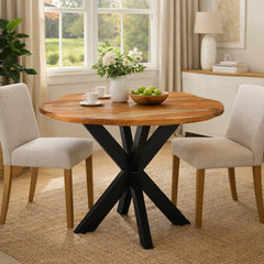 Round Dining Table, Solid Acacia Wood, Seats 4, Brown Top, Black Metal Cross Legs