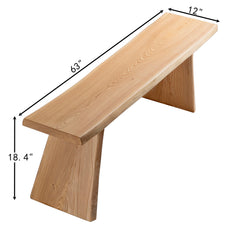 Dining Bench, 63-Inch Solid Elm Wood, Beige, Curved Legs