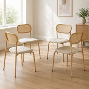Dining Chairs, Set of 4, Linen Fabric Seat, Rattan Back, Natural Metal Legs