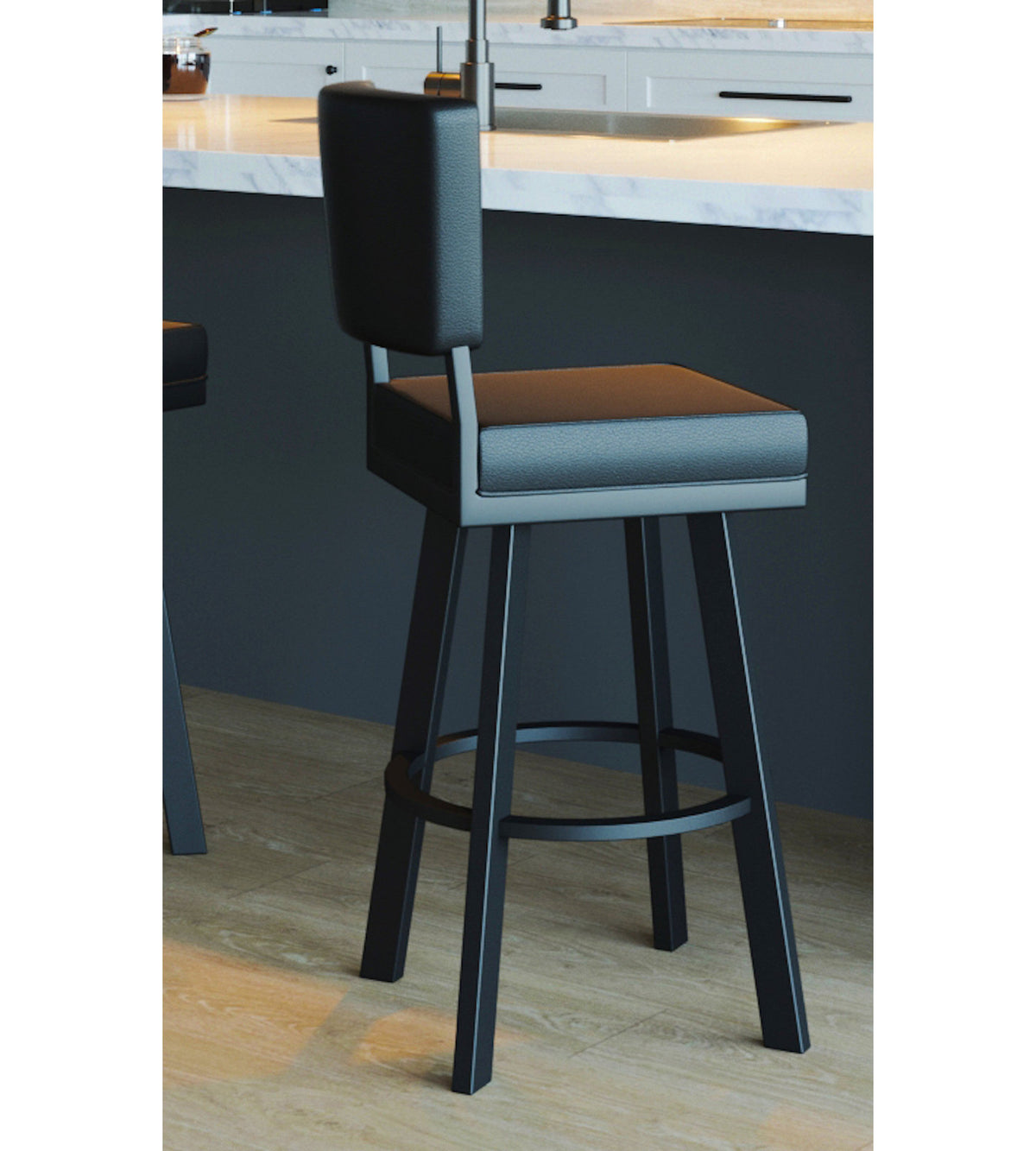 Bar Stool, 30 Inch Seat Height, Black Faux Leather, Matte Black Metal Frame