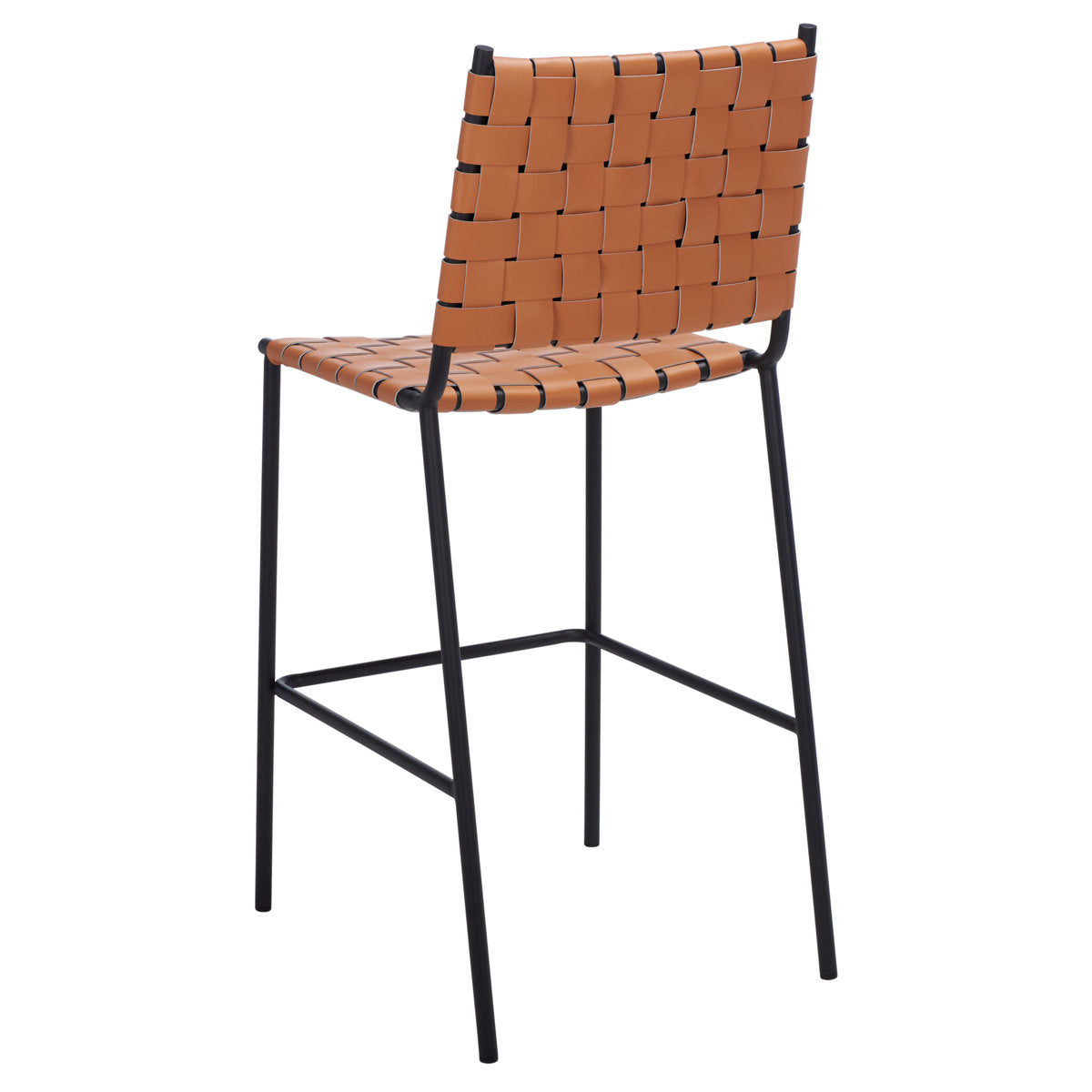 Stool, Brown Genuine Leather Seat, Black Powder Coated Iron Legs