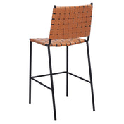 Stool, Brown Genuine Leather Seat, Black Powder Coated Iron Legs