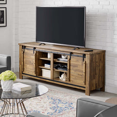 TV Stand, 71 Inch, Rustic Sliding Doors, Wood Grain Veneer