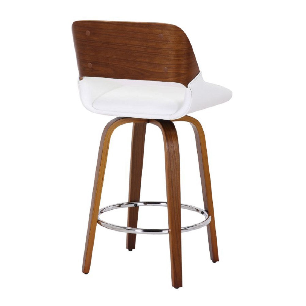 Swivel Counter Stool, Solid Walnut Frame, White Upholstered Seat, Chrome Footrest