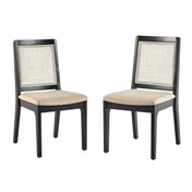 Side Chairs, Set of 2, Black Solid Wood and Rattan, Upholstered Seats
