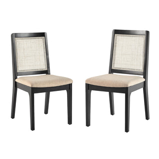 Side Chairs, Set of 2, Black Solid Wood and Rattan, Upholstered Seats