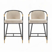 Barstools, Set of 2, Almond Boucle Fabric, Gold and Black Iron Frame