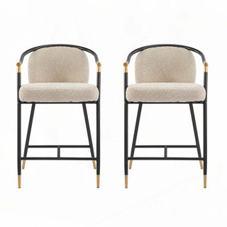Barstools, Set of 2, Almond Boucle Fabric, Gold and Black Iron Frame