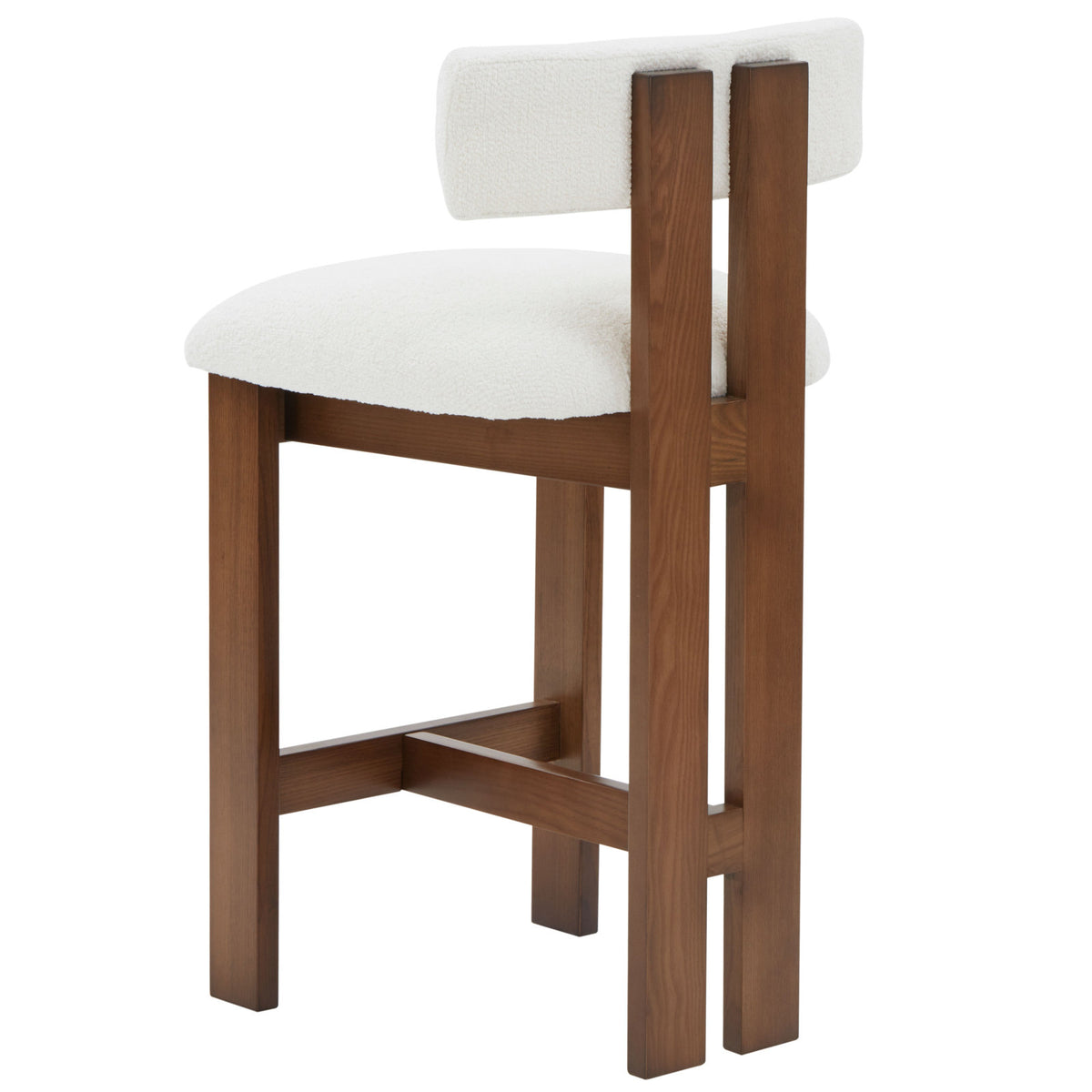Counter Stool, 26 Inch Seat Height, Ivory Bouclé Seat, Walnut Wood Base
