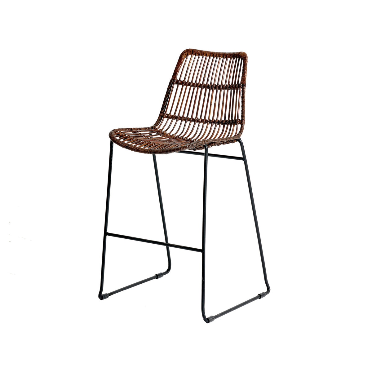 Bar Stool, Rattan Seat, Steel Frame, 30 Inch Seat Height, Brown and Black