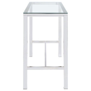 Bar Height Dining Table, Tempered Glass Top, Blue and Chrome Metal Legs