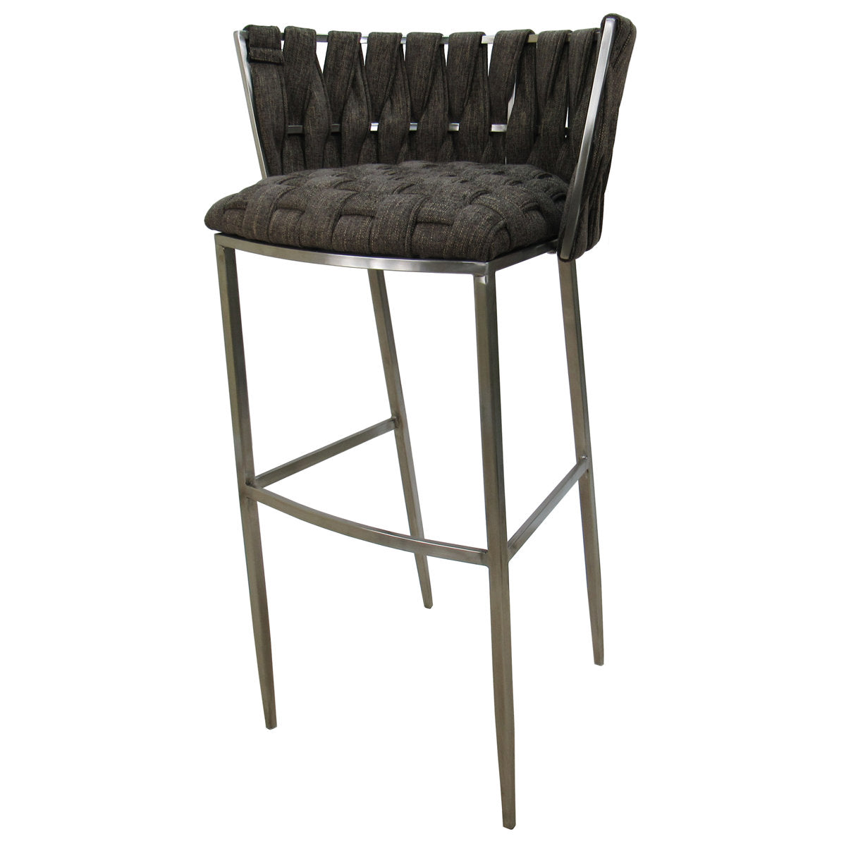 Bar Stool, Stainless Steel Frame, Low Back, Brown Upholstered Seat
