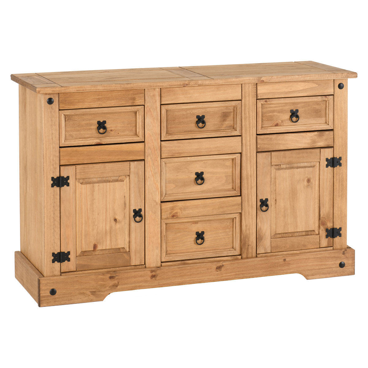 Sideboard Buffet, 2 Doors, 5 Drawers, Rustic Brown, Black Iron Hardware