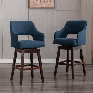 Counter Stool, Swivel Seat, Blue Fabric, Solid Wood Frame