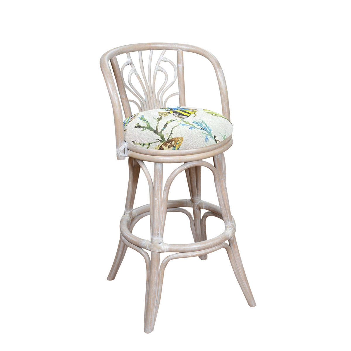 Swivel Bar Stool, Rattan Frame, Upholstered Seat, Rustic Driftwood