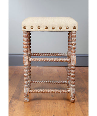 Bar Stool, Solid Mango Wood, Weathered Whitewash, Off White Linen Seat