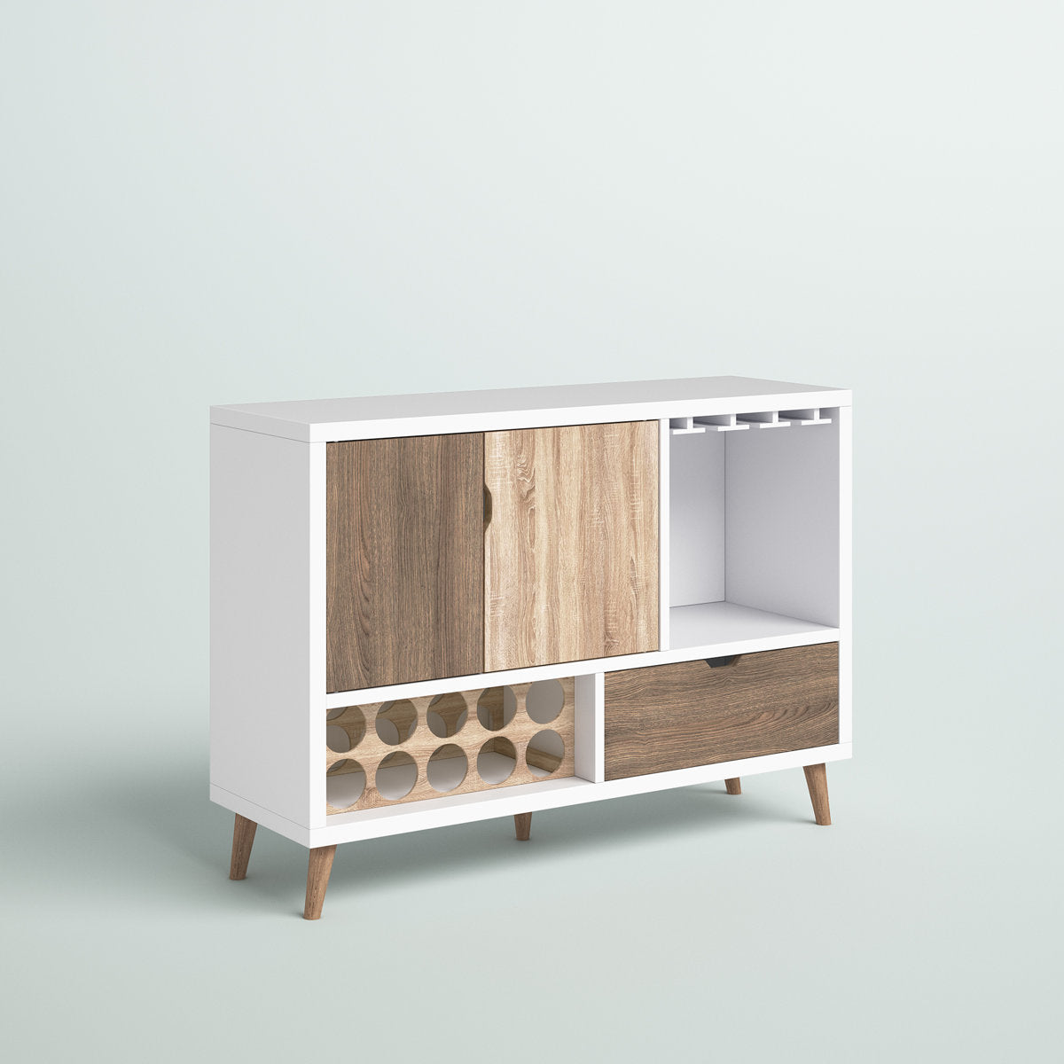 Wine Server, 1 Drawer, 2 Doors, Wood, White and Weathered Sand