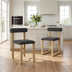 Set of 2 Yellow Counter Stools with Black Upholstered Seats