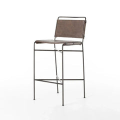 Bar Stool, Brown Faux Leather Seat, Black Iron Frame