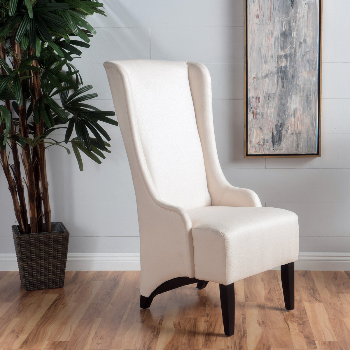 Wingback Dining Chair, Beige Fabric Upholstery, Black Birch Wood Legs