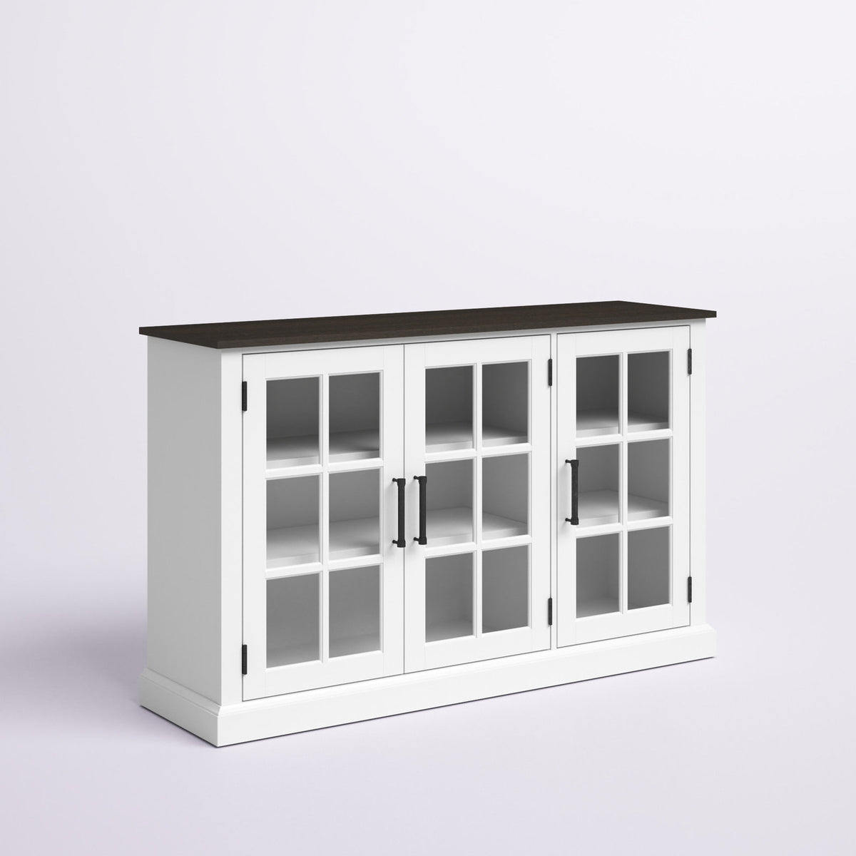 Sideboard, 3 Glass Doors, Manufactured Wood, White Base, Brown Top