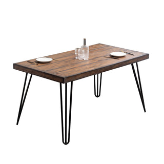 Dining Table, Rectangular, Brown Pine Veneer Top, Black Iron Hairpin Legs