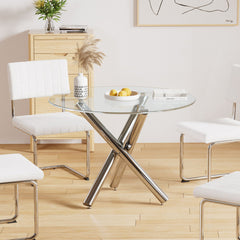 Round Dining Table, Tempered Glass Top, Silver Steel Pedestal Base