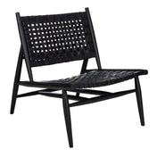 Side Chair, Woven Top Grain Leather Seat and Back, Black, Solid Wood Legs