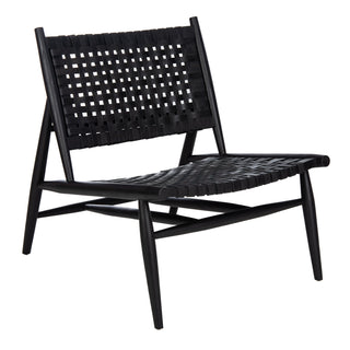 Side Chair, Woven Top Grain Leather Seat and Back, Black, Solid Wood Legs