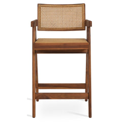 Teak Wicker Counter Stool with Full Back and Solid Wood Frame