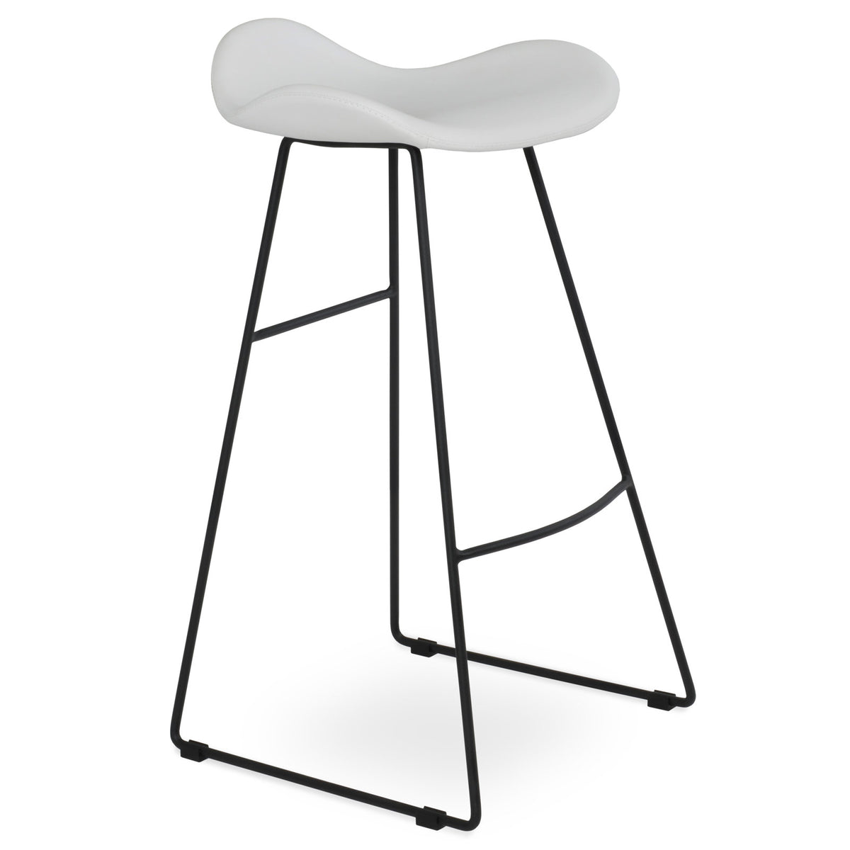 Stool, White Faux Leather Seat, Low Back, Steel Frame, Sled Legs