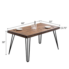 Dining Table, Rectangular, Brown Pine Veneer Top, Black Iron Hairpin Legs