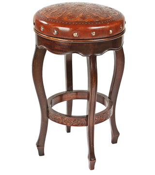 Bar Stool, Solid Wood, Leather Seat, 30 Inch Seat Height, Antique Brown