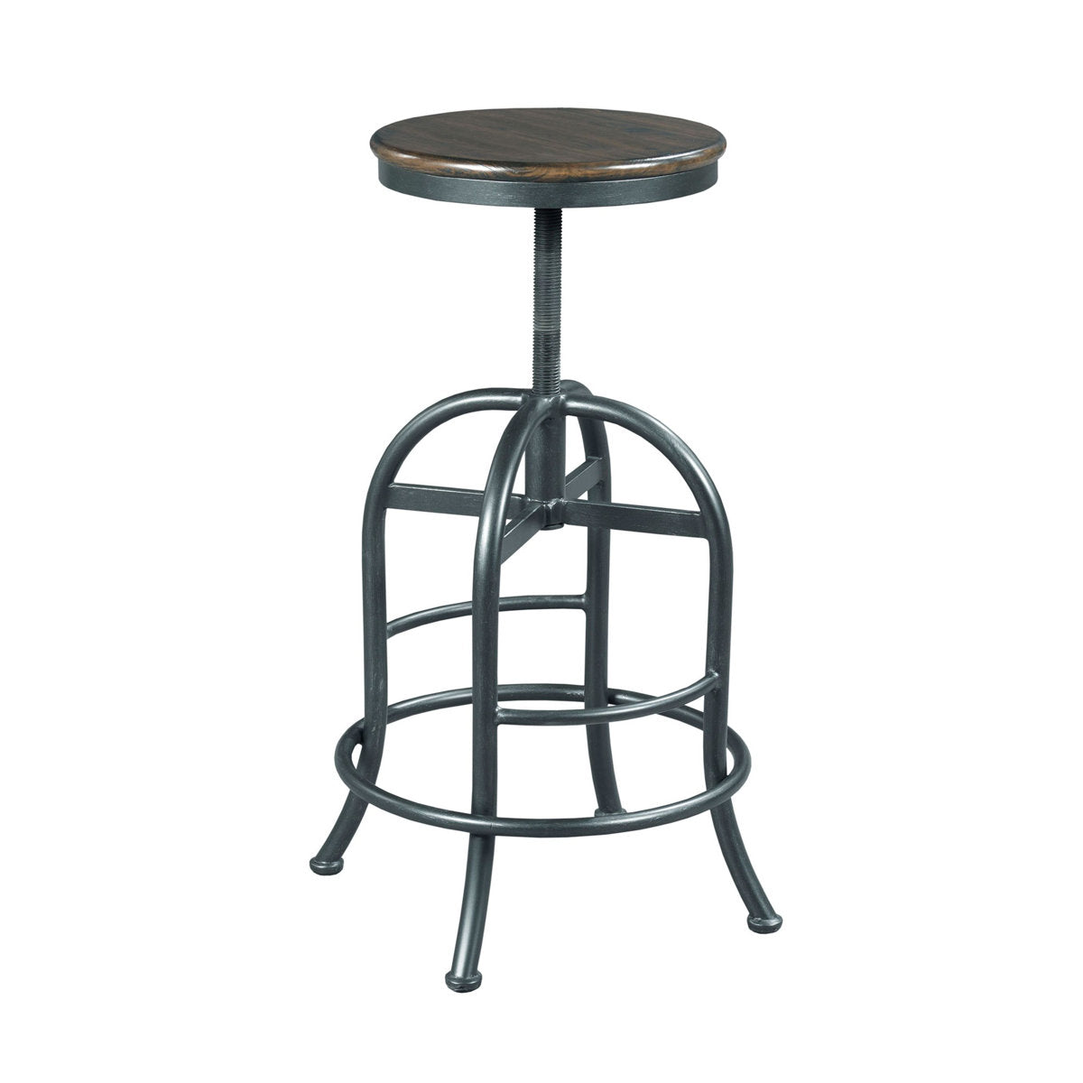 Adjustable Bar Stool, Backless, Black Steel Frame, Brown Wood Seat