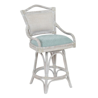 Swivel Barstool, Rattan Frame, Light Teal Blue Seat, White Gray Base
