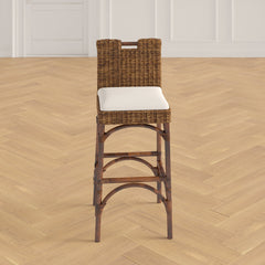 Bar Stool, Wicker Rattan, Cushioned Polyester Blend Seat, Full Back